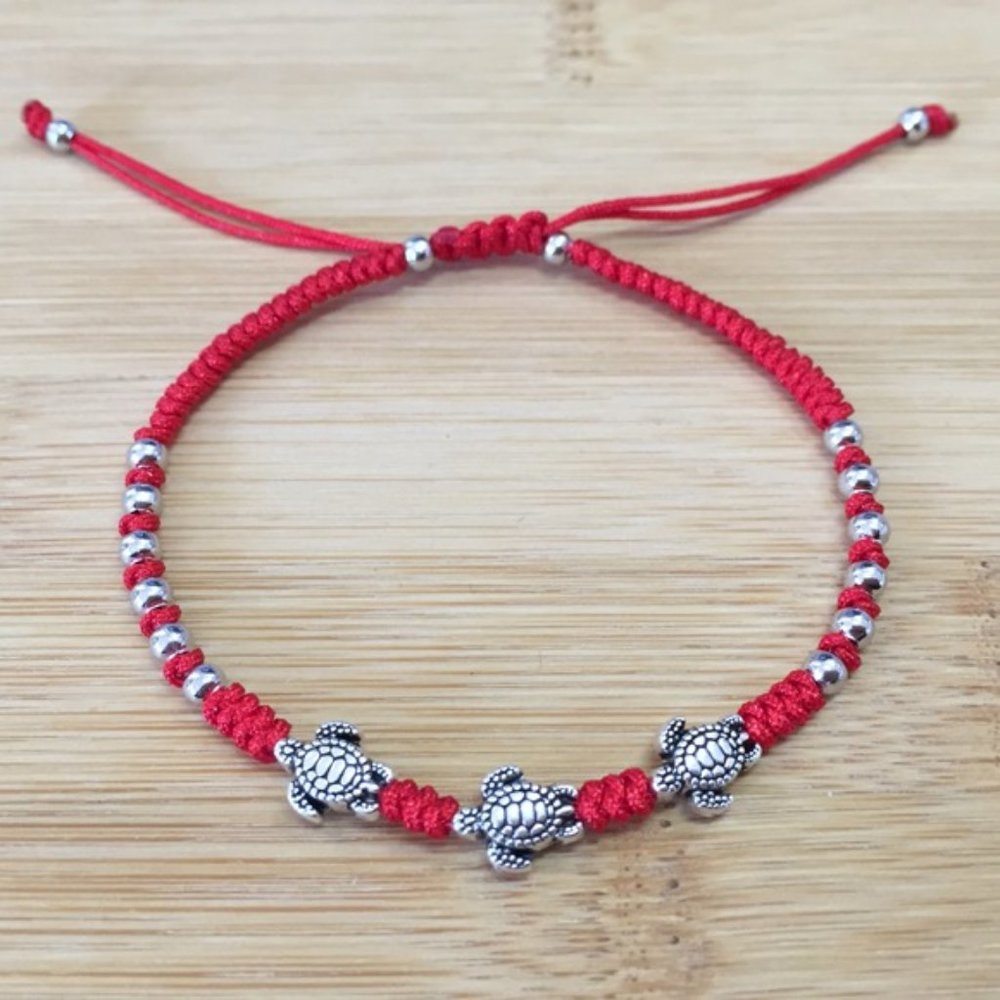 Braided Silver Turtle Lucky Red String Adjustable Bracelet